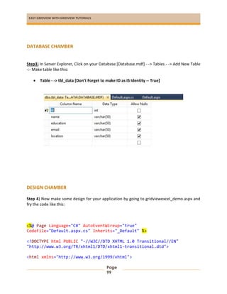 EASY GRIDVIEW WITH GRIDVIEW TUTORIALS
Page
99
DATABASE CHAMBER
Step3) In Server Explorer, Click on your Database [Database.mdf] - -> Tables - -> Add New Table
-:- Make table like this:
 Table - -> tbl_data [Don’t Forget to make ID as IS Identity -- True]
DESIGN CHAMBER
Step 4) Now make some design for your application by going to gridviewexcel_demo.aspx and
fry the code like this:
<%@ Page Language="C#" AutoEventWireup="true"
CodeFile="Default.aspx.cs" Inherits="_Default" %>
<!DOCTYPE html PUBLIC "-//W3C//DTD XHTML 1.0 Transitional//EN"
"http://www.w3.org/TR/xhtml1/DTD/xhtml1-transitional.dtd">
<html xmlns="http://www.w3.org/1999/xhtml">
 
