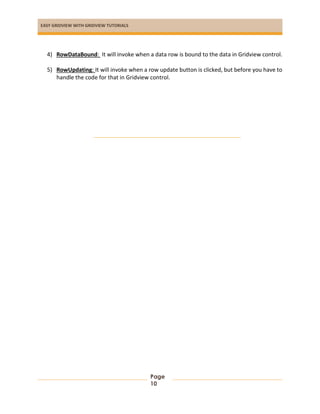 EASY GRIDVIEW WITH GRIDVIEW TUTORIALS
Page
10
4) RowDataBound: It will invoke when a data row is bound to the data in Gridview control.
5) RowUpdating: It will invoke when a row update button is clicked, but before you have to
handle the code for that in Gridview control.
 