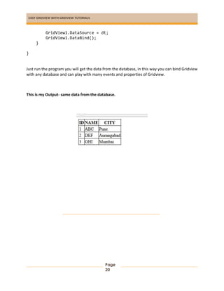 EASY GRIDVIEW WITH GRIDVIEW TUTORIALS
Page
20
GridView1.DataSource = dt;
GridView1.DataBind();
}
}
Just run the program you will get the data from the database, in this way you can bind Gridview
with any database and can play with many events and properties of Gridview.
This is my Output- same data from the database.
 
