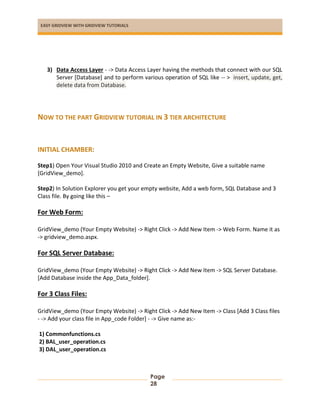 EASY GRIDVIEW WITH GRIDVIEW TUTORIALS
Page
28
3) Data Access Layer - -> Data Access Layer having the methods that connect with our SQL
Server [Database] and to perform various operation of SQL like -- > insert, update, get,
delete data from Database.
NOW TO THE PART GRIDVIEW TUTORIAL IN 3 TIER ARCHITECTURE
INITIAL CHAMBER:
Step1) Open Your Visual Studio 2010 and Create an Empty Website, Give a suitable name
[GridView_demo].
Step2) In Solution Explorer you get your empty website, Add a web form, SQL Database and 3
Class file. By going like this –
For Web Form:
GridView_demo (Your Empty Website) -> Right Click -> Add New Item -> Web Form. Name it as
-> gridview_demo.aspx.
For SQL Server Database:
GridView_demo (Your Empty Website) -> Right Click -> Add New Item -> SQL Server Database.
[Add Database inside the App_Data_folder].
For 3 Class Files:
GridView_demo (Your Empty Website) -> Right Click -> Add New Item -> Class [Add 3 Class files
- -> Add your class file in App_code Folder] - -> Give name as:-
1) Commonfunctions.cs
2) BAL_user_operation.cs
3) DAL_user_operation.cs
 