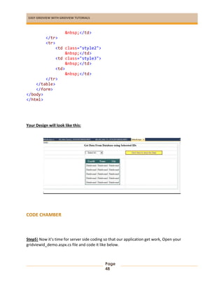 EASY GRIDVIEW WITH GRIDVIEW TUTORIALS
Page
48
&nbsp;</td>
</tr>
<tr>
<td class="style2">
&nbsp;</td>
<td class="style3">
&nbsp;</td>
<td>
&nbsp;</td>
</tr>
</table>
</form>
</body>
</html>
Your Design will look like this:
CODE CHAMBER
Step5) Now it’s time for server side coding so that our application get work, Open your
gridviewid_demo.aspx.cs file and code it like below.
 