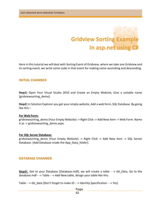 EASY GRIDVIEW WITH GRIDVIEW TUTORIALS
Page
52
Here in this tutorial we will deal with Sorting Event of Gridview, where we take one Gridview and
its sorting event, we write some code in that event for making name ascending and descending.
INITIAL CHAMBER
Step1) Open Your Visual Studio 2010 and Create an Empty Website, Give a suitable name
[gridviewsorting_demo].
Step2) In Solution Explorer you get your empty website, Add a web form, SQL Database. By going
like this –
For Web Form:
gridviewsorting_demo (Your Empty Website) -> Right Click -> Add New Item -> Web Form. Name
it as -> gridviewsorting_demo.aspx.
For SQL Server Database:
gridviewsorting_demo (Your Empty Website) -> Right Click -> Add New Item -> SQL Server
Database. [Add Database inside the App_Data_folder].
DATABASE CHAMBER
Step3) Get to your Database [Database.mdf], we will create a table - -> tbl_Data, Go to the
database.mdf - -> Table - -> Add New table, design your table like this:
Table - -> tbl_data [Don’t forget to make ID - -> Identity Specification - -> Yes]
Gridview Sorting Example
In asp.net using C#
 