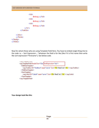 EASY GRIDVIEW WITH GRIDVIEW TUTORIALS
Page
56
<td>
&nbsp;</td>
<td>
&nbsp;</td>
<td>
&nbsp;</td>
</tr>
</table>
</div>
</form>
</body>
</html>
Now for whom those who are using Template Field Here, You have to embed single thing into to
the code i.e. – Sort Expression – “whatever the field is for like [like if it is first name then write
like sort expression=”firstname”]. See below code.
Your design look like this:
 