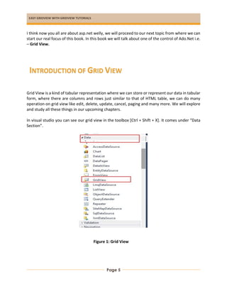 EASY GRIDVIEW WITH GRIDVIEW TUTORIALS
Page 5
I think now you all are about asp.net welly, we will proceed to our next topic from where we can
start our real focus of this book. In this book we will talk about one of the control of Ado.Net i.e.
– Grid View.
Grid View is a kind of tabular representation where we can store or represent our data in tabular
form, where there are columns and rows just similar to that of HTML table, we can do many
operation on grid view like edit, delete, update, cancel, paging and many more. We will explore
and study all these things in our upcoming chapters.
In visual studio you can see our grid view in the toolbox [Ctrl + Shift + X]. It comes under “Data
Section”.
Figure 1: Grid View
INTRODUCTION OF GRID VIEW
 