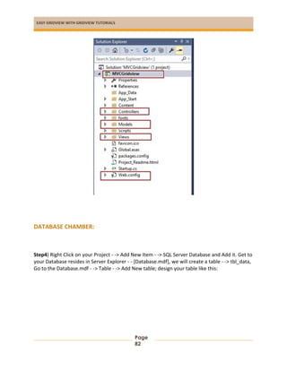 EASY GRIDVIEW WITH GRIDVIEW TUTORIALS
Page
82
DATABASE CHAMBER:
Step4) Right Click on your Project - -> Add New Item - -> SQL Server Database and Add it. Get to
your Database resides in Server Explorer - - [Database.mdf], we will create a table - -> tbl_data,
Go to the Database.mdf - -> Table - -> Add New table; design your table like this:
 