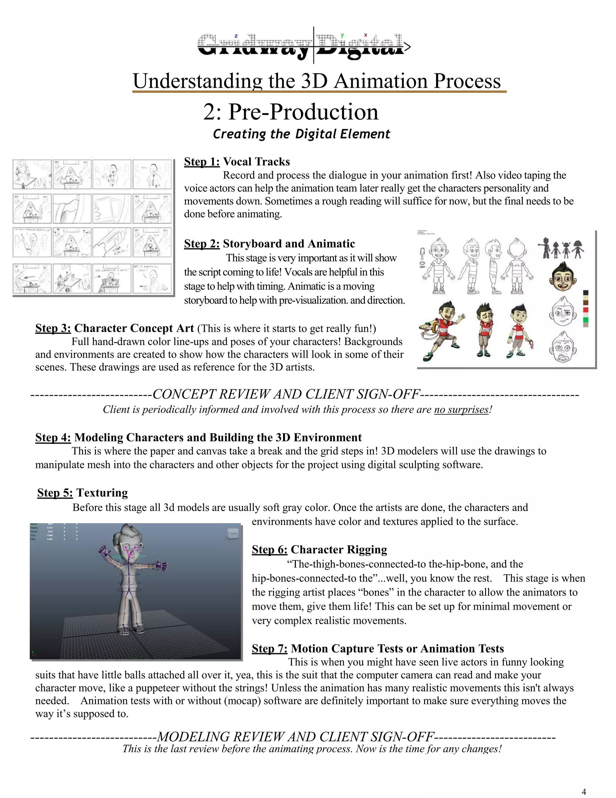 Understanding the 3D Animation Process 
4 
2: Pre-Production 
Creating the Digital Element 
Step 1: Vocal Tracks 
Record and process the dialogue in your animation first! Also video taping the 
voice actors can help the animation team later really get the characters personality and 
movements down. Sometimes a rough reading will suffice for now, but the final needs to be 
done before animating. 
Step 2: Storyboard and Animatic 
This stage is very important as it will show 
the script coming to life! Vocals are helpful in this 
stage to help with timing. Animatic is a moving 
storyboard to help with pre-visualization. and direction. 
Step 3: Character Concept Art (This is where it starts to get really fun!) 
Full hand-drawn color line-ups and poses of your characters! Backgrounds 
and environments are created to show how the characters will look in some of their 
scenes. These drawings are used as reference for the 3D artists. 
--------------------------CONCEPT REVIEW AND CLIENT SIGN-OFF---------------------------------- 
Client is periodically informed and involved with this process so there are no surprises! 
Step 4: Modeling Characters and Building the 3D Environment 
This is where the paper and canvas take a break and the grid steps in! 3D modelers will use the drawings to 
manipulate mesh into the characters and other objects for the project using digital sculpting software. 
Step 5: Texturing 
Before this stage all 3d models are usually soft gray color. Once the artists are done, the characters and 
environments have color and textures applied to the surface. 
Step 6: Character Rigging 
“The-thigh-bones-connected-to the-hip-bone, and the 
hip-bones-connected-to the”...well, you know the rest. This stage is when 
the rigging artist places “bones” in the character to allow the animators to 
move them, give them life! This can be set up for minimal movement or 
very complex realistic movements. 
Step 7: Motion Capture Tests or Animation Tests 
This is when you might have seen live actors in funny looking 
suits that have little balls attached all over it, yea, this is the suit that the computer camera can read and make your 
character move, like a puppeteer without the strings! Unless the animation has many realistic movements this isn't always 
needed. Animation tests with or without (mocap) software are definitely important to make sure everything moves the 
way it’s supposed to. 
---------------------------MODELING REVIEW AND CLIENT SIGN-OFF-------------------------- 
This is the last review before the animating process. Now is the time for any changes! 
 