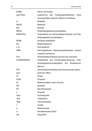 IX                                                              VERZEICHNISSE


     KOtBu          Kalium-tert-butylat
     log P-Wert     Logarithmus      des   Verteilungskoeffizienten    eines
                    Lösungsmittels zwischen Oktanol und Wasser
     m              Multiplett
     MeOH           Methanol
     Min.           Minuten
     MPEG           Polyethylenglykolmonomethylether
     MPEG/PLE       Colyophilisat aus Schweineleber-Esterase und Poly-
                    ethylenglykolmonomethylether
     MTBE           tert-Butyl-methylether
     MW             Molekulargewicht
     n. b.          nicht bestimmt
     NMR            Kernmagnetische Resonanzspektroskopie (nuclear
                    magnetic resonance)
     PLE            Schweineleber-Esterase (porcine liver esterase)
     PLE/BSA/MPEG   Colyophilisat aus Schweineleber-Esterase, Poly-
                    ethylenglykolmonomethylether         und   Rinderserum-
                    Albumin
     PPL            Schweinepankreaslipase (porcine pancreatic lipase)
     ppm            parts per million
     Pr             Propyl
     PrOH           Propanol
     Rf             Retentionsfaktor (ratio of fronts)
     Rfl.           Rückfluß
     RT             Raumtemperatur
     s              Singulett
     Smp.           Schmelzpunkt
     TEA            Triethylamin
     TMS            Tetramethylsilan
     t              Triplett
     tR             Retentionszeit
     U              Aktivitätseinheit (Units)
     wfr.           Wasserfrei
 