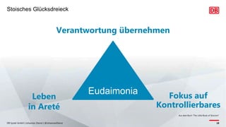 DB Systel GmbH | Johannes Dienst | @JohannesDienst 18
Stoisches Glücksdreieck
Verantwortung übernehmen
Leben
in Areté
Fokus auf
Kontrollierbares
Aus dem Buch “The Little Book of Stoicism”
Eudaimonia
 