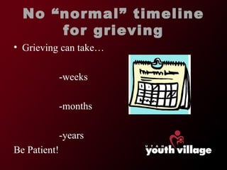 No  “normal” timeline for grieving Grieving can take… -weeks -months -years Be Patient! 