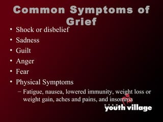 Common Symptoms of Grief Shock or disbelief Sadness Guilt Anger Fear Physical Symptoms Fatigue, nausea, lowered immunity, weight loss or weight gain, aches and pains, and insomnia 
