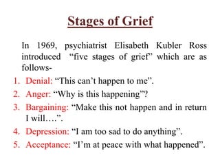 Stages of Grief
In 1969, psychiatrist Elisabeth Kubler Ross
introduced “five stages of grief” which are as
follows-
1. Denial: “This can’t happen to me”.
2. Anger: “Why is this happening”?
3. Bargaining: “Make this not happen and in return
I will….”.
4. Depression: “I am too sad to do anything”.
5. Acceptance: “I’m at peace with what happened”.
 