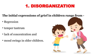 1. DISORGANIZATION
The initial expressions of grief in children range from -
• Regression
• temper tantrum
• lack of concentration and
• mood swings in older children.
 