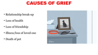 CAUSES OF GRIEF
• Relationship break-up
• Loss of health
• Loss of friendship
• Illness/loss of loved one
• Death of pet
 