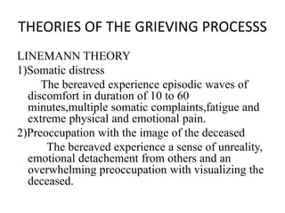 THEORIES OF THE GRIEVING PROCESSS
LINEMANN THEORY
1)Somatic distress
The bereaved experience episodic waves of
discomfort in duration of 10 to 60
minutes,multiple somatic complaints,fatigue and
extreme physical and emotional pain.
2)Preoccupation with the image of the deceased
The bereaved experience a sense of unreality,
emotional detachement from others and an
overwhelming preoccupation with visualizing the
deceased.
 