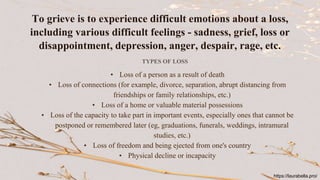 To grieve is to experience difficult emotions about a loss,
including various difficult feelings - sadness, grief, loss or
disappointment, depression, anger, despair, rage, etc.
• Loss of a person as a result of death
• Loss of connections (for example, divorce, separation, abrupt distancing from
friendships or family relationships, etc.)
• Loss of a home or valuable material possessions
• Loss of the capacity to take part in important events, especially ones that cannot be
postponed or remembered later (eg, graduations, funerals, weddings, intramural
studies, etc.)
• Loss of freedom and being ejected from one's country
• Physical decline or incapacity
TYPES OF LOSS
https://laurabella.pro/
 