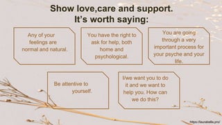 Show love,care and support.
It’s worth saying:
Any of your
feelings are
normal and natural.
You have the right to
ask for help, both
home and
psychological.
You are going
through a very
important process for
your psyche and your
life.
Be attentive to
yourself.
I/we want you to do
it and we want to
help you. How can
we do this?
https://laurabella.pro/
 