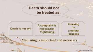 Death should not
be treated as:
Death is not evil
A complaint is
not bad/not
frightening
Grieving
is
a natural
process
Mourning is important and necessary.
https://laurabella.pro/
 