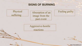 SIGNS OF BURNING
Physical
suffering
Absorption of an
image from the
past event
Feeling guilty
Aggressive-hostile
reactions
https://laurabella.pro/
 