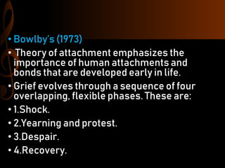 • Bowlby’s (1973)
• Theory of attachment emphasizes the
importance of human attachments and
bonds that are developed early in life.
• Grief evolves through a sequence of four
overlapping, flexible phases. These are:
• 1.Shock.
• 2.Yearning and protest.
• 3.Despair.
• 4.Recovery.
 