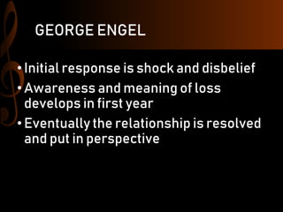 GEORGE ENGEL
•Initial response is shock and disbelief
•Awareness and meaning of loss
develops in first year
•Eventually the relationship is resolved
and put in perspective
 