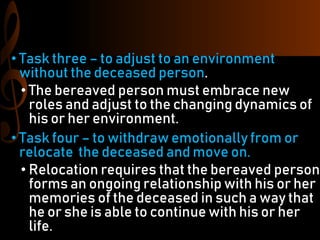 • Task three – to adjust to an environment
without the deceased person.
• The bereaved person must embrace new
roles and adjust to the changing dynamics of
his or her environment.
• Task four – to withdraw emotionally from or
relocate the deceased and move on.
• Relocation requires that the bereaved person
forms an ongoing relationship with his or her
memories of the deceased in such a way that
he or she is able to continue with his or her
life.
 