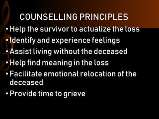 COUNSELLING PRINCIPLES
•Help the survivor to actualize the loss
• Identify and experience feelings
• Assist living without the deceased
•Help find meaning in the loss
• Facilitate emotional relocation of the
deceased
• Provide time to grieve
 