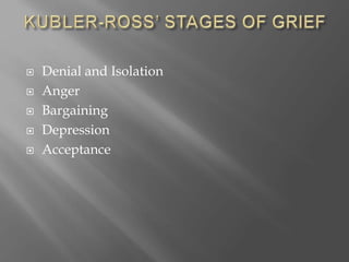  Denial and Isolation
 Anger
 Bargaining
 Depression
 Acceptance
 