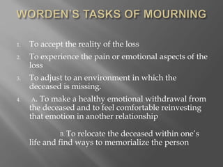 1. To accept the reality of the loss
2. To experience the pain or emotional aspects of the
loss
3. To adjust to an environment in which the
deceased is missing.
4. A. To make a healthy emotional withdrawal from
the deceased and to feel comfortable reinvesting
that emotion in another relationship
B. To relocate the deceased within one’s
life and find ways to memorialize the person
 
