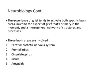 Neurobiology Cont….
• The experience of grief tends to activate both specific brain
areas linked to the aspect of grief that’s primary in the
moment, and a more general network of structures and
processes.
• These brain areas are involved
1. Parasympathetic nervous system
2. Frontal lobes
3. Cingulate gyrus
4. Insula
5. Amygdala
 