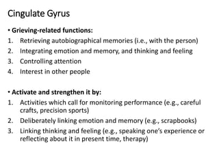 Cingulate Gyrus
• Grieving-related functions:
1. Retrieving autobiographical memories (i.e., with the person)
2. Integrating emotion and memory, and thinking and feeling
3. Controlling attention
4. Interest in other people
• Activate and strengthen it by:
1. Activities which call for monitoring performance (e.g., careful
crafts, precision sports)
2. Deliberately linking emotion and memory (e.g., scrapbooks)
3. Linking thinking and feeling (e.g., speaking one’s experience or
reflecting about it in present time, therapy)
 