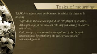 Tasks of mourning
TASK 3-to adjust to an environment in which the diseased is
missing
• depends on the relationship and the role played by diseased.
• Attempts to fulfil the diseased role may fail leading to lowered
self esteem.
• Outcome- progress towards a recognition of his changed
circumstances by redefining his goals or else state of
suspended growth.
 