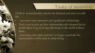 Tasks of mourning
TASK 4- to emotionally relocate the diseased and move on with
life-
• one never loses memories of a significant relationship.
• Task is not to give up their relationship with diseased but to
enable them to go on living effectively in the world without
them.
• mourning ends when mourner no longer reactivate the
representation of the dead in daily living.
 