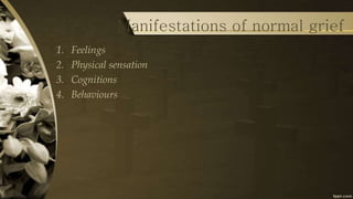 Manifestations of normal grief
1. Feelings
2. Physical sensation
3. Cognitions
4. Behaviours
 