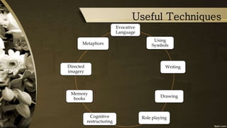 Useful Techniques
Evocative
Language
Using
Symbols
Writing
Drawing
Role playingCognitive
restructuring
Memory
books
Directed
imagery
Metaphors
 