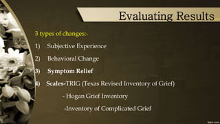 Evaluating Results
3 types of changes:-
1) Subjective Experience
2) Behavioral Change
3) Symptom Relief
4) Scales-TRIG (Texas Revised Inventory of Grief)
- Hogan Grief Inventory
-Inventory of Complicated Grief
 