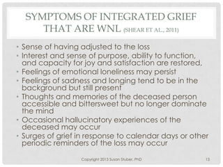 SYMPTOMS OF INTEGRATED GRIEF
THAT ARE WNL (SHEAR ET AL., 2011)
• Sense of having adjusted to the loss
• Interest and sense of purpose, ability to function,
and capacity for joy and satisfaction are restored,
• Feelings of emotional loneliness may persist
• Feelings of sadness and longing tend to be in the
background but still present
• Thoughts and memories of the deceased person
accessible and bittersweet but no longer dominate
the mind
• Occasional hallucinatory experiences of the
deceased may occur
• Surges of grief in response to calendar days or other
periodic reminders of the loss may occur
Copyright 2013 Susan Stuber, PhD 13
 