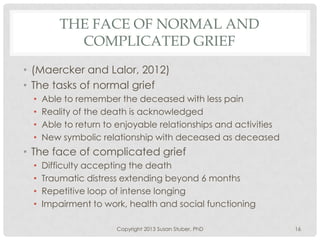 THE FACE OF NORMAL AND
COMPLICATED GRIEF
• (Maercker and Lalor, 2012)
• The tasks of normal grief
• Able to remember the deceased with less pain
• Reality of the death is acknowledged
• Able to return to enjoyable relationships and activities
• New symbolic relationship with deceased as deceased
• The face of complicated grief
• Difficulty accepting the death
• Traumatic distress extending beyond 6 months
• Repetitive loop of intense longing
• Impairment to work, health and social functioning
Copyright 2013 Susan Stuber, PhD 16
 