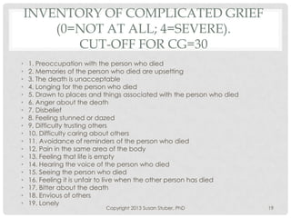 INVENTORY OF COMPLICATED GRIEF
(0=NOT AT ALL; 4=SEVERE).
CUT-OFF FOR CG=30
• 1. Preoccupation with the person who died
• 2. Memories of the person who died are upsetting
• 3. The death is unacceptable
• 4. Longing for the person who died
• 5. Drawn to places and things associated with the person who died
• 6. Anger about the death
• 7. Disbelief
• 8. Feeling stunned or dazed
• 9. Difficulty trusting others
• 10. Difficulty caring about others
• 11. Avoidance of reminders of the person who died
• 12. Pain in the same area of the body
• 13. Feeling that life is empty
• 14. Hearing the voice of the person who died
• 15. Seeing the person who died
• 16. Feeling it is unfair to live when the other person has died
• 17. Bitter about the death
• 18. Envious of others
• 19. Lonely
Copyright 2013 Susan Stuber, PhD 19
 