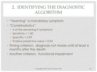 2. IDENTIFYING THE DIAGNOSTIC
ALGORITHM
• “Yearning” a mandatory symptom
• “Combinatorics”
• 5 of the remaining 9 symptoms
• Sensitivity = 1.00
• Specifity = 0.99
• Positive predictive value = 0.94
• Timing criterion: diagnosis not made until at least 6
months after the death
• Another criterion: functional impairment
Copyright 2013 Susan Stuber, PhD 33
 
