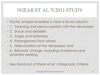 SHEAR ET AL.’S 2011 STUDY
• Factor analysis revealed a clear 6 factor solution:
• 1. Yearning and preoccupation with the deceased
• 2. Shock and disbelief
• 3. Anger and bitterness
• 4. Estrangement from others
• 5. Hallucinations of the deceased, and
• 6. Behavior change, including avoidance and
proximity seeking.
• See Hand-out of Shear et al.’s Diagnostic Criteria
Copyright 2013 Susan Stuber, PhD 37
 