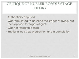 CRITIQUE OF KUBLER-ROSS’S 5 STAGE
THEORY
• Authenticity disputed
• Was formulated to describe the stages of dying, but
then applied to stages of grief.
• Was not research based
• Implies a lock-step progression and a completion
Copyright 2013 Susan Stuber, PhD 5
 