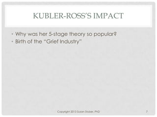KUBLER-ROSS’S IMPACT
• Why was her 5-stage theory so popular?
• Birth of the “Grief Industry”
Copyright 2013 Susan Stuber, PhD 7
 