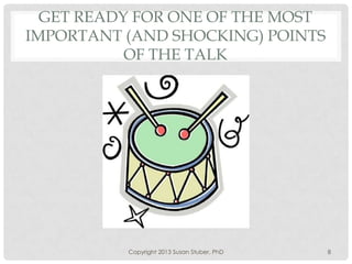 GET READY FOR ONE OF THE MOST
IMPORTANT (AND SHOCKING) POINTS
OF THE TALK
Copyright 2013 Susan Stuber, PhD 8
 