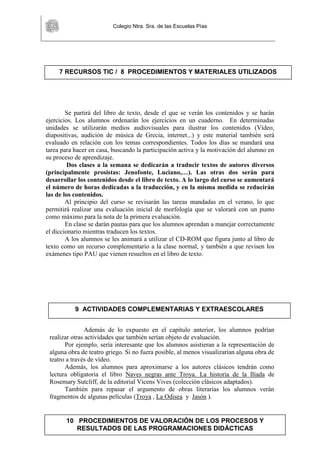 Colegio Ntra. Sra. de las Escuelas Pías
14
Se partirá del libro de texto, desde el que se verán los contenidos y se harán
ejercicios. Los alumnos ordenarán los ejercicios en un cuaderno. En determinadas
unidades se utilizarán medios audiovisuales para ilustrar los contenidos (Vídeo,
diapositivas, audición de música de Grecia, internet...) y este material también será
evaluado en relación con los temas correspondientes. Todos los días se mandará una
tarea para hacer en casa, buscando la participación activa y la motivación del alumno en
su proceso de aprendizaje.
Dos clases a la semana se dedicarán a traducir textos de autores diversos
(principalmente prosistas: Jenofonte, Luciano,…). Las otras dos serán para
desarrollar los contenidos desde el libro de texto. A lo largo del curso se aumentará
el número de horas dedicadas a la traducción, y en la misma medida se reducirán
las de los contenidos.
Al principio del curso se revisarán las tareas mandadas en el verano, lo que
permitirá realizar una evaluación inicial de morfología que se valorará con un punto
como máximo para la nota de la primera evaluación.
En clase se darán pautas para que los alumnos aprendan a manejar correctamente
el diccionario mientras traducen los textos.
A los alumnos se les animará a utilizar el CD-ROM que figura junto al libro de
texto como un recurso complementario a la clase normal, y también a que revisen los
exámenes tipo PAU que vienen resueltos en el libro de texto.
Además de lo expuesto en el capítulo anterior, los alumnos podrían
realizar otras actividades que también serían objeto de evaluación.
Por ejemplo, sería interesante que los alumnos asistieran a la representación de
alguna obra de teatro griego. Si no fuera posible, al menos visualizarían alguna obra de
teatro a través de vídeo.
Además, los alumnos para aproximarse a los autores clásicos tendrán como
lectura obligatoria el libro Naves negras ante Troya. La historia de la Ilíada de
Rosemary Sutcliff, de la editorial Vicens Vives (colección clásicos adaptados).
También para repasar el argumento de obras literarias los alumnos verán
fragmentos de algunas películas (Troya , La Odisea y Jasón ).
7 RECURSOS TIC / 8 PROCEDIMIENTOS Y MATERIALES UTILIZADOS
9 ACTIVIDADES COMPLEMENTARIAS Y EXTRAESCOLARES
10 PROCEDIMIENTOS DE VALORACIÓN DE LOS PROCESOS Y
RESULTADOS DE LAS PROGRAMACIONES DIDÁCTICAS
 