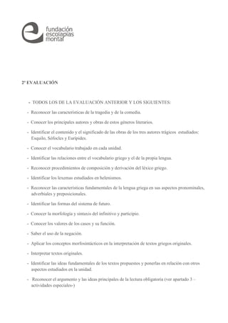 2ª EVALUACIÓN 
- TODOS LOS DE LA EVALUACIÓN ANTERIOR Y LOS SIGUIENTES: 
- Reconocer las características de la tragedia y de la comedia. 
- Conocer los principales autores y obras de estos géneros literarios. 
- Identificar el contenido y el significado de las obras de los tres autores trágicos estudiados: 
Esquilo, Sófocles y Eurípides. 
- Conocer el vocabulario trabajado en cada unidad. 
- Identificar las relaciones entre el vocabulario griego y el de la propia lengua. 
- Reconocer procedimientos de composición y derivación del léxico griego. 
- Identificar los lexemas estudiados en helenismos. 
- Reconocer las características fundamentales de la lengua griega en sus aspectos pronominales, 
adverbiales y preposicionales. 
- Identificar las formas del sistema de futuro. 
- Conocer la morfología y sintaxis del infinitivo y participio. 
- Conocer los valores de los casos y su función. 
- Saber el uso de la negación. 
- Aplicar los conceptos morfosintácticos en la interpretación de textos griegos originales. 
- Interpretar textos originales. 
- Identificar las ideas fundamentales de los textos propuestos y ponerlas en relación con otros 
aspectos estudiados en la unidad. 
- Reconocer el argumento y las ideas principales de la lectura obligatoria (ver apartado 3 – 
actividades especiales-) 
 