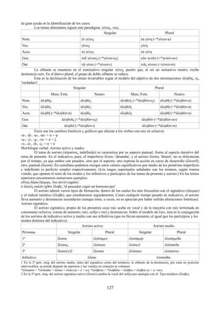 de gran ayuda en la identificación de los casos. 
Los temas alternantes siguen este paradigma: γένος, -ους: 
Singular Plural 
Νom. τὸ γένος τὰ γένη (<*γένεσ-α) 
Voc. γένος γένη 
Αcus. τὸ γένος τὰ γένη 
Gen. τοῦ γένους (<*γένεσ-ος) τῶν γενῶν (<*γενέσ-ων) 
Dat. τῷ γένει (<*γένεσ-ι) τοῖς γένεσι (<γένεσ-σι) 
La silbante se mantiene en el nominativo singular γένος, puesto que, al ser un sustantivo neutro, recibe 
desinencia cero. En el dativo plural, el grupo de doble silbante se reduce. 
Ésta es la declinación de los temas invariables según el modelo del adjetivo de dos terminaciones ἀληϑής, ές, 
'verdadero': 
Singular Plural 
Masc./Fem. Neutro Masc./Fem. Neutro 
Νom. ἀληϑής ἀληϑές ἀληϑεῖς (<*άληϑέσ-ες) ἀληϑῆ (<*ἀληϑέσ-α) 
Voc. ἀληϑές ἀληϑές ἀληϑεῖς ἀληϑῆ (<*ἀληϑέσ-α) 
Αcus. ἀληϑῆ (<*ἀληϑέσ-α) ἀληϑές ἀληϑεῖς ἀληϑῆ (<*ἀληϑέσ-α) 
Gen. ἀληϑοῦς (<*ἀληϑέσ-ος) ἀληϑῶν (<*ἀληϑέσ-ωυ) 
Dat. ἀληϑεῖ (<*ἀληϑέσ-ι) ἀληϑέσι (<*ἀληϑέσ-σι) 
Éstos son los cambios fonéticos y gráficos que afectan a los verbos con raíz en oclusiva: 
-π-, -β-, -φ-, -πτ- + σ = ψ 
-κ-, -γ-, -χ-, -ττ- + σ = ξ 
-τ-, -δ-, -ϑ-, -ζ- + σ = σ 
Morfología verbal: Aoristo activo y medio. 
El tema de aoristo (ἀόριστος, indefinido) se caracteriza por su aspecto puntual, frente al aspecto durativo del 
tema de presente. En el indicativo, pues, el imperfecto ἔλυον, 'desataba', y el aoristo ἔλυσα, 'desaté', no se diferencian 
por el tiempo, ya que ambos son pasados, sino por el aspecto: uno expresa la acción en curso de desarrollo (ἔλυονf); 
otro, puntual (ἔλυσα). En castellano podemos recoger estos valores significativos por medio de los pretéritos imperfecto 
e indefinido (o perfecto simple) respectivamente. (Los rasgos aspectuales señalados son los mismos, según iremos 
viendo, que oponen el resto de los modos y los infinitivos y participios de los temas de presente y aoristo.) En los textos 
anteriores encontramos numerosos ejemplos: 
οὗτος δῶρα ἔπεμψε, 'ése envió regalos'. 
ὁ ἀλιεὺς καλὸν ἰχϑὺν ἔλαβε, 'el pescador cogió un hermoso pez'. 
El aoristo admite varios tipos de formación, dentro de los cuales los más frecuentes son el sigmático (ἔπεμψε) 
y el radical temático (ἔλαβε), que estudiaremos seguidamente. Como cualquier tiempo pasado en indicativo, el aoristo 
lleva aumento y desinencias secundarias (aunque éstas, a veces, no se aprecian por haber sufrido alteraciones fonéticas). 
Aoristo sigmático. 
El aoristo sigmático, propio de los presentes cuya raíz acaba en vocal y de la mayoría con raíz terminada en 
consonante oclusiva, consta de aumento, raíz, sufijo (-σα) y desinencias. Sobre el modelo de λύω, ésta es la conjugación 
de los aoristos de indicativo activo y medio con sus infinitivos (que no llevan aumento, al igual que los participios y los 
modos distintos del indicativo): 
Aoristo activo Aoristo medio 
Personas Singular Plural Singular Plural 
1ª ἔλυσα ἐλύσαμεν ἐλυσάμην ἐλυσάμεϑα 
2ª ἔλυσας ἐλύσατε ἐλύσω1 ἐλύσασϑε 
3ª ἔλυσε(ν)2 ἔλυσαν ἐλύσατο ἐλύσαντο 
Infinitivo λῦσαι λύσασϑαι 
1 En la 2ª pers. sing. del aoristo medio, tanto del sigmático como del temático, la silbante de la desinencia, por estar en posición 
intervocálica, se pierde después de aspirarse y las vocales en contacto se contraen: 
*ἐλύοασο > *ἐλύσαhο > ἐλύαο > ἐλύω (α + o > ω); *ἐλάβεσο > *ἐλάβεhο > ἐλάβεο > ἐλάβου (ε + ο >ου). 
2 En la 3ª pers. sing. del aoristo sigmático activo (ἔλυσε) cambia la vocal del sufijo por analogía con el. Tipo temático (ἔλαβε). 
127 
 