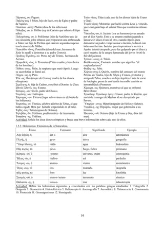 Πήγασος, ου: Pegaso. 
Πηλέυς-εως ὁ Peleo, hijo de Eaco, rey de Egina y padre 
de Aquiles. 
Πλούτων –ονος: Plutón (dios de los infiernos). 
Πόλυβος, ου, ὁ: Pólibo (rey de Corinto que educó a Edipo 
niño). 
Πολυφόντης, ου, ὁ: Polifontes (hijo de Autófono uno de 
los cincuenta jefes tebanos que prepararon una emboscada 
a Tideo: un hijo de Peribea que casó en segundas nupcias 
tras la muerte de Pólibo. 
Ποσειδῶν -ῶνος: Poseidón (dios del mar; hermano de 
Zeús lo ayudó a destronar a su padre Cronos). 
Προῖτος: Προῖτος, ου: Preto, rey de Tirinto, hermano de 
Acrisio. 
Προμεθεύς -έως, ὁ: Prometeo (Titán creador y benefactor 
de los hombres). 
Πύθων, ωνος: Pitón, la serpiente que mató Apolo. Luego 
su sacerdotisa se llamó así. 
Πύρρα –ας, ἡ: Pirra. 
Ῥέα –ας: Rea (mujer de Crono y madre de los dioses 
olímpicos). 
Σεμέλη-ης ἡ: hija de Cadmo, concibió a Dioniso de Zeus. 
Σθενὼ: Σθενώ, ους: Esteno. 
Σίσυφος, -ου: Sísifo, padre de Glauco. 
Στερόπης –ου: Estéropes. 
Τάρταρος –ου: Tártaro (lugar subterráneo en el fondo de 
los Infiernos). 
Τειρεσίας, ου: Tiresias, célebre adivino de Tebas, al que 
había cegado Hera por haberle sorprendido en el baño. 
Tηθύς -ύος: Tetis (esposa de Océano). 
Τηλεβόαι, ῶν: Teléboas, pueblo mítico de Acarnania. 
Τισιφόνη –ης: Tisífone. 
Τιτάν -ᾶνος: Titán (cada uno de los dioses hijos de Urano 
y Gea). 
Τυφῶν-ῶνος: Monstruo que luchó contra Zeus y, vencido, 
yace castigado bajo el volcán Etna que vomita su rabiosa 
lava. 
Ὑάκινθος -ου, ὁ: Jacinto (era un hermoso joven amado 
por el dios Apolo. Este y su amante estaban jugando a 
lanzarse el disco el uno al otro, cuando Apolo, para 
demostrar su poder e impresionar a Jacinto, lo lanzó con 
todas sus fuerzas. Jacinto, para impresionar a su vez a 
Apolo, intentó atraparlo, pero fue golpeado por el disco y 
cayó muerto; de la sangre derramada del joven brotó la 
flor del jacinto). 
Τρίτων –ωνος, ὁ: Tritón. 
Φαέθων-οντος: Faetonte, nombre que significa “el 
resplandeciente” 
Φοίβη –ης: Febe. 
Χείρων-ονος ὁ, Quirón, nombre del centauro del monte 
Pelión, en Tesalia, hijo de Filyra y Cronos, protector y 
amigo de Peleo, enseña a su hijo Aquiles el arte de curar 
de Asclepio; presa de una herida incurable cambia su 
inmortalidad a Prometeo 
Χίμαιρα, -ας: Quimera, monstruo al que se enfrentó 
Belerofonte 
Χρυσάωρ: Ξρυσάωρ, όρος: Crisaor, padre de Gerión, que 
nació de la sangre de Medusa al ser decapitada por 
Perseo.. 
῾Υπερίων –ονος: Hiperión (padre de Helios y Selene). 
Ὑψιπύλη, -ης: Hipsípila, mujer que gobernaba a las 
lemnias. 
Ὠκεανός –οῦ: Océano (hijo de Urano y Gea, dios del 
mar). 
Actividad: Señala los doce dioses olímpicos y busca una breve información sobre cada uno de ellos. 
1.5.2. Helenismos: Elementos de la Naturaleza. 
Étimo Formante Significado Ejemplo 
Ἀήρ ἀήρος, ἡ aer-o- aire aeronáutica 
Γῆ γῆς, ἡ ge-o- tierra geografía 
Ὕδωρ ὕδατος, τό -hidr- agua hidroesfera 
Πῦρ πυρός, τό pir-o- fuego, fiebre pirómano 
Κόσμος -ου, ὁ -cosmo- universo, orden cosmogonía 
Ἥλιος -όυ, ὁ -heli-o- sol perihelio 
Ἄνεμος -ου, ὁ anemo- viento anemómetro 
Ὅρος -ους, τό oro- montaña orografía 
φῶς φωτός, τό foto- luz fotofobia 
Σεισμός -οῦ, ὁ sism-o-/seism- terremoto sísmico 
Θάλασσα -ης, ἡ talas-o- mar talasoterapia 
Actividad: Define los helenismos siguientes y relaciónalos con las palabras griegas estudiadas: 1. Fotografía 2. 
Orogenia 3. Geometría 4. Hidroeléctrico 5. Helioscopio 6. Anemografía 7. Aerostático 8. Talasocracia 9. Cosmonauta 
10. Pirotecnia 11. Geomagnetismo 12. Sismógrafo. 
14 
 