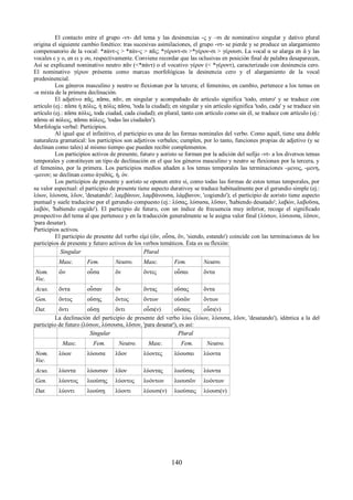 El contacto entre el grupo -ντ- del tema y las desinencias -ς y –σι de nominativo singular y dativo plural 
origina el siguiente cambio fonético: tras sucesivas asimilaciones, el grupo -ντ- se pierde y se produce un alargamiento 
compensatorio de la vocal: *πάντ-ς > *πάν-ς > πᾶς; *γέροντ-σι >*γέρον-σι > γέρουσι. La vocal α se alarga en ᾱ y las 
vocales ε y ο, en ει y ου, respectivamente. Conviene recordar que las oclusivas en posición final de palabra desaparecen, 
Así se explicanel nominativo neutro πᾶν (<*πάντ) o el vocativo γέρον (< *γέροντ), caracterizado con desinencia cero. 
El nominativo γέρων présenta como marcas morfológicas la desinencia cero y el alargamiento de la vocal 
predesinencial. 
Los géneros masculino y neutro se flexionan por la tercera; el femenino, en cambio, pertenece a los temas en 
-α mixta de la primera declinación. 
El adjetivo πᾶς, πᾶσα, πᾶν, en singular y acompañado de artículo significa 'todo, entero' y se traduce con 
artículo (ej.: πᾶσα ἡ πόλις, ἡ πόλις πᾶσα, 'toda la ciudad); en singular y sin artículo significa 'todo, cada' y se traduce sin 
artículo (ej.: πᾶσα πόλις, toda ciudad, cada ciudad); en plural, tanto con artículo como sin él, se traduce con artículo (ej.: 
πᾶσαι αἱ πόλεις, πᾶσαι πόλεις, 'todas las ciudades'). 
Morfología verbal: Participios. 
Al igual que el infinitivo, el participio es una de las formas nominales del verbo. Como aquél, tiene una doble 
naturaleza gramatical: los participios son adjetivos verbales; cumplen, por lo tanto, funciones propias de adjetivo (y se 
declinan como tales) al mismo tiempo que pueden recibir complementos. 
Los participios activos de presente, futuro y aoristo se forman por la adición del sufijo -ντ- a los diversos temas 
temporales y constituyen un tipo de declinación en el que los géneros masculino y neutro se flexionan por la tercera, y 
el femenino, por la primera. Los participios medios añaden a los temas temporales las terminaciones -μενος, -μενη, 
-μενον; se declinan como ἀγαϑός, ή, όν. 
Los participios de presente y aoristo se oponen entre sí, como todas las formas de estos temas temporales, por 
su valor aspectual: el participio de presente tiene aspecto durativoy se traduce habitualmente por el gerundio simple (ej.: 
λύων, λύουσα, λῦον, 'desatando'; λαμβάνων, λαμβάνουσα, λάμβανον, 'cogiendo'); el participio de aoristo tiene aspecto 
puntual y suele traducirse por el gerundio compuesto (ej.: λύσας, λύσασα, λῦσαν, 'habiendo desatado'; λαβών, λαβοῦσα, 
λαβόν, 'habiendo cogido'). El participio de futuro, con un índice de frecuencia muy inferior, recoge el significado 
prospectivo del tema al que pertenece y en la traducción generalmente se le asigna valor final (λύσων, λύσουσα, λῦσον, 
'para desatar). 
Participios activos. 
El participio de presente del verbo εἰμί (ὤν, οὖσα, ὄν, 'siendo, estando') coincide con las terminaciones de los 
participios de presente y futuro activos de los verbos temáticos. Ésta es su flexión: 
Singular Plural 
Masc. Fem. Νeutro. Masc. Fem. Νeutro. 
Nom. 
Voc. 
ὤν οὖσα ὄν ὄντες οὖσαι ὄντα 
Acus. ὄντα οὖσαν ὄν ὄντας οὔσας ὄντα 
Gen. ὄντος οὔσης ὄντος ὄντων οὐσῶν ὄντων 
Dat. ὄντι οὔσῃ ὄντι οὖσι(ν) οὔσαις οὖσι(ν) 
La declinación del participio de presente del verbo λύω (λύων, λύουσα, λῦον, 'desatando'), idéntica a la del 
participio de futuro (λύσων, λύσουσα, λῦσον, 'para desatar'), es así: 
Singular Plural 
Masc. Fem. Νeutro. Masc. Fem. Νeutro. 
Nom. 
Voc. 
λύων λύουσα λῦον λύοντες λύουσαι λύοντα 
Acus. λύοντα λύουσαν λῦον λύοντας λυούσας λύοντα 
Gen. λύοντος λυούσης λύοντος λυόντων λυουσῶν λυόντων 
Dat. λύοντι λυούσῃ λύοντι λύουσι(ν) λυούσαις λύουσι(ν) 
140 
 
