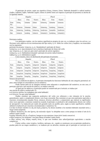 El participio de aoristo, según sea sigmático (λύσας, λύσασα, λῦσαν, 'habiendo desatado') o radical temático 
(λαβών, λαβοῦσα, λαβόν, 'habiendo cogido'; nótese el cambio tonal con respecto al participio de presente) se declina de 
la siguiente manera: 
Singular Plural 
Masc. Fem. Νeutro. Masc. Fem. Νeutro. 
Nom. 
Voc. 
λύσας λύσασα λῦσαν λύσαντες λύσασαι λύσαντα 
Acus. λύσαντα λύσασαν λῦσαν λύσαντας λυσάσας λύσαντα 
Gen. λύσαντος λυσάσης λύσαντος λυσάντων λυσασῶν λυσάντων 
Dat. λύσαντι λυσάσῃ λύσαντι λύσασι(ν) λυσάσαις λύσασι(ν) 
Participios medios. 
Los participios medios, con los matices significativos propios de esta voz, se traducen como los activos y se 
flexionan como adjetivos de tres terminaciones del tipo καλός, ή, όν. Sobre los verbos λύω y λαμβάνω, sus enunciados 
son los siguientes: 
participio de presente: λυόμενος, η, ον, 'desatándo(se)'; participio de futuro: 
λυσόμενος, η, ον, 'para desatar(se)' (así se declina el participio de futuro del verbo 
εἰμί: ἐσόμενος, η, ον, 'para ser, para estar'); participio de aoristo sigmático: 
λυσάμενος, η, ον, 'habiéndo(se) desatado'; participio de aoristo radical temático: 
λαβόμενος, η, ον, habiéndo(se) cogido'. 
Como muestra, ésta es la declinación del participio de presente: 
Singular Plural 
Masc. Fem. Νeutro. Masc. Fem. Νeutro. 
Nom. λυόμενος λυομένη λυόμενον λυόμενοι λυόμεναι λυόμενα 
Voc. λυόμενε λυομένη λυόμενον λυόμενοι λυόμεναι λυόμενα 
Acus. λυόμενον λυομένην λυόμενον λυομένους λυομένας λυόμενα 
Gen. λυομένου λυομένης λυομένου λυομένων λυομένων λυομένων 
Dat. λυομένῳ λυομένῃ λυομένῳ λυομένοις λυομέναις λυομένοις 
Sintaxis del participio. 
Por su condición de adjetivo, el participio desempeña las funciones habituales de esta categoría gramatical; así 
pues, entra siempre en concordancia con un sustantivo. 
Puede formar parte de un sintagma nominal como adyacente o complemento del sustantivo; en este caso, el 
participio equivale a una oración de relativo y se traduce como tal. 
Al igual que los adjetivos, el participio puede ser sustantivado por el artículo; se traduce por 
una oración de relativo sustantivada. Ej.: 
 οἱ λέγοντες πολῖται, los ciudadanos que están hablando'; 
 οἱ λέγοντες, 'los que están hablando'. 
Pueden constituir una expansión predicativa del verbo con referencia a otro elemento de la oración, 
generalmente, sujeto o complemento directo, con el que concuerda. Hay ocasiones en que estos participios equivalen a 
oraciones circunstanciales (pueden llevar, entonces, diversos adverbios o conjunciones que maticen su significado); 
otras veces equivalen a oraciones sustantivas (cuando el participio es predicativo del complemento directo con verbos 
de 'percepción'). La traducción por medio del gerundio suele ser posible; pero, según su matiz significativo, también 
admiten la traducción por oraciones circunstanciales o sustantivas. Ej.: 
 οἱ ϑεοὶ τὰ ϑνητὰ τυποῦσιν ἐκ γῆς καὶ πυρὸς μείξαντες 'los dioses modelan a los mortales habiendo mezclado tierra y 
fuego' (matiz temporal) 
 ἠδίκουν ἀλλήλλους ἅτε οὐκ ἔχοντες τὴν πολιτικὴν τέχνην 'se ultrajaban unos a otros porque no tenían el arte de la 
política' (matiz causal). 
 καίπερ Ἀϑηναῖος οὐκ ὤν, εὖ πράττεις 'aunque no eres ateniense, tienes éxito' (matiz concesivo). 
 ἦλϑε λυσόμενος τὸν ἄνϑρωπον 'vino para liberar al hombre' (matiz final); 
 εἶδον τούτους τοὺς ἄνδρας σοφοὺς ὄντας 'vi que esos hombres eran sabios'(participio equivalente a oración 
completiva). 
Ciertos verbos, como τυγχάνω, λανϑάνω, φαίνομαι, etc., cuando se construyen con un participio predicativo, 
pierden parte de sus rasgos semánticos y se traducen por un adverbio, mientras que el participio se convierte en el 
141 
 