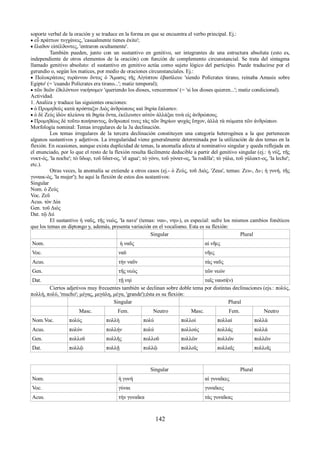 soporte verbal de la oración y se traduce en la forma en que se encuentra el verbo principal. Ej.: 
 εὖ πράττων τυγχάνεις, 'casualmente tienes éxito'; 
 ἔλαϑον εἰσέλϑοντες, 'entraron ocultamente'. 
También pueden, junto con un sustantivo en genitivo, ser integrantes de una estructura absoluta (esto es, 
independiente de otros elementos de la oración) con función de complemento circunstancial. Se trata del sintagma 
llamado genitivo absoluto: el sustantivo en genitivo actúa como sujeto lógico del participio. Puede traducirse por el 
gerundio o, según los matices, por medio de oraciones circunstanciales. Ej.: 
 Πολυκράτους τυράννου ὄντος ὁ Ἄμασις τῆς Αἰγύπτου ἐβασίλευε 'siendo Polícrates tirano, reinaba Amasis sobre 
Egipto' (= 'cuando Polícrates era tirano...'; matiz temporal); 
 τῶν ϑεῶν ἐϑελόντων νικήσομεν 'queriendo los dioses, venceremos' (= 'si los dioses quieren...'; matiz condicional). 
Actividad. 
1. Analiza y traduce las siguientes oraciones: 
 ὁ Προμηϑεύς κατὰ πρόσταξιν Διὸς ἀνϑρώπους καὶ ϑηρία ἔπλασεν. 
 ὁ δὲ Ζεὺς ἰδὼν πλείονα τὰ ϑηρία ὄντα, ἐκέλευσεν αὐτὸν ἀλλάξαι τινὰ εἰς ἀνϑρώπους. 
 Προμηϑέως δὲ τοῦτο ποιήσαντος, ἄνϑρωποί τινες τὰς τῶν ϑηρίων ψυχὰς ἔσχον, ἀλλὰ τὰ σώματα τῶν ἀνϑρώπων. 
Morfología nominal: Temas irregulares de la 3a declinación. 
Los temas irregulares de la tercera declinación constituyen una categoría heterogénea a la que pertenecen 
algunos sustantivos y adjetivos. La irregularidad viene generalmente determinada por la utilización de dos temas en la 
flexión. En ocasiones, aunque exista duplicidad de temas, la anomalía afecta al nominativo singular y queda reflejada en 
el enunciado, por lo que el resto de la flexión resulta fácilmente deducible a partir del genitivo singular (ej.: ἡ νύξ, τῆς 
νυκτ-ός, 'la noche'; τὸ ὕδωρ, τοῦ ὕδατ-ος, 'el agua'; τὸ γόνυ, τοῦ γόνατ-ος, 'la rodilla'; τὸ γάλα, τοῦ γάλακτ-ος, 'la leche'; 
etc.). 
Otras veces, la anomalía se extiende a otros casos (ej.- ὁ Ζεύς, τοῦ Διός, 'Zeus', temas: Ζευ-, Δι-; ἡ γυνή, τῆς 
γυναικ-ός, 'la mujer'); he aquí la flexión de estos dos sustantivos: 
Singular 
Nom. ὁ Ζεύς 
Voc. Ζεῦ 
Acus. τὸν Δία 
Gen. τοῦ Διός 
Dat. τῷ Διί 
El sustantivo ἡ ναῦς, τῆς νεώς, 'la nave' (temas: ναυ-, νηυ-), es especial: sufre los mismos cambios fonéticos 
que los temas en diptongo y, además, presenta variación en el vocalismo. Esta es su flexión: 
Singular Plural 
Nom. ἡ ναῦς αἱ νῆες 
Voc. ναῦ νῆες 
Acus. τὴν ναῦν τὰς ναῦς 
Gen. τῆς νεώς τῶν νεών 
Dat. τῇ νηί ταῖς ναυσί(ν) 
Ciertos adjetivos muy frecuentes también se declinan sobre doble tema por distintas declinaciones (ejs.: πολύς, 
πολλή, πολύ, 'mucho'; μέγας, μεγάλη, μέγα, 'grande');ésta es su flexión: 
Singular Plural 
Μasc. Fem. Neutro Masc. Fem. Neutro 
Νom.Voc. πολύς πολλή πολύ πολλοί πολλαί πολλά 
Αcus. πολύν πολλήν πολύ πολλούς πολλάς πολλά 
Gen. πολλοῦ πολλῆς πολλοῦ πολλῶν πολλῶν πολλῶν 
Dat. πολλῷ πολλῇ πολλῷ πολλοῖς πολλαῖς πολλοῖς 
Singular Plural 
Nom. ἡ γυνή αἱ γυναῖκες 
Voc. γύναι γυναῖκες 
Acus. τὴν γυναῖκα τὰς γυναῖκας 
142 
 